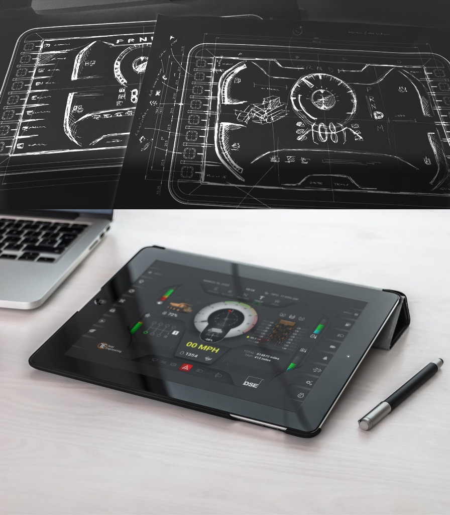 Evolution of mining truck HMI from concept sketch to final interface - View 1